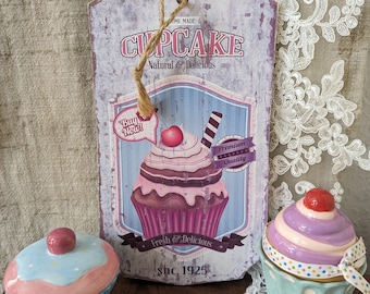 Cupcake wooden sign / wooden picture and ceramic cupcakes - shabby chic