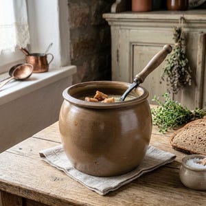 Może przedstawiać: Okrągły, brązowy ceramiczny garnek wypełniony zupą z grzankami, w którym znajduje się metalowa chochla z drewnianą rączką. Garnek stoi na jasnej lnianej serwetce obok małej miseczki z solą, kromek ciemnego chleba oraz świeżych ziół.