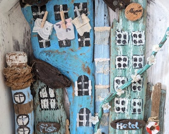 Driftwood house with fishing village - handmade unique - shabby chic