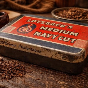 Könnte beinhalten: Rechteckige Tabakdose mit dem Text "LOTZBECK'S MEDIUM NAVY CUT" in Weiß auf rotem Hintergrund. Die Dose hat einen dunkelblauen Rand und ein abgenutztes Aussehen. Streichhölzer und loser Tabak sind um die Dose herum verstreut.