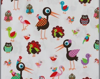 Cotton fabric funny colorful birds white