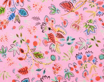 Jersey fabric flowers retro fuchsia cotton jersey