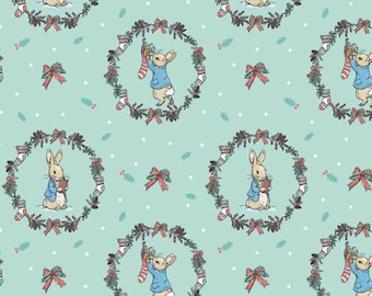 Cotton fabric Christmas fabric Peter Rabbit mint green