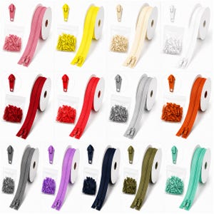 May include: A collection of twelve nylon zipper tapes in various colors including pink, yellow, beige, white, red, orange, gray, purple, navy, olive, and teal. Each set includes a spool of zipper tape, a small bag of zipper pulls, and a single pull.