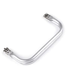 May include: A curved, silver metal handle with two mounting points at each end. The handle has a smooth, rounded design and appears to be made of a durable material. The object is set against a plain white background.