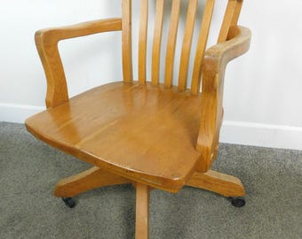 VGC! VTG Antique Oak Swivel Adj Desk Office Rolling Arm Chair Slat Back Windsor