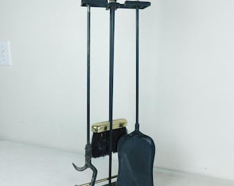 Vintage RUSTIC Fireplace Tools Set Brass Black Iron Vintage Used READ