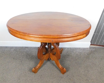 19c Antique Eastlake Victorian Oval Top Table Walnut Parlor Display Carved Ships