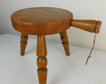 Vintage Wood Milking Stool Farm Country Style Tripod Footstool w Leather Strap