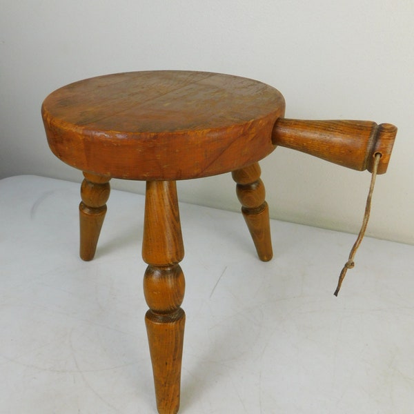 Vintage Wood Milking Stool Farm Country Style Tripod Footstool w Leather Strap