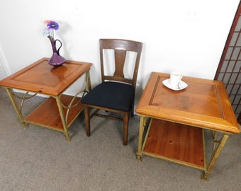 Pair Vintage Elm Wood Side Tables – Gold Finish Iron, 1980s