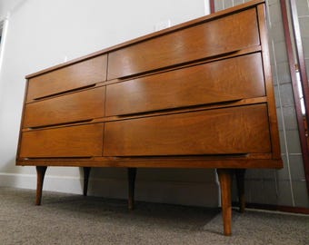 Sleek 1960's Mid-Century Modern 6-Drawer Burl Walnut Dresser Hidden Handles 54"W