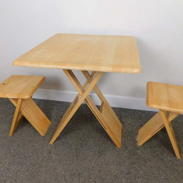 EXC Danish Modern Folding Table 2 Stools Set All Solid Wood Camping Dining