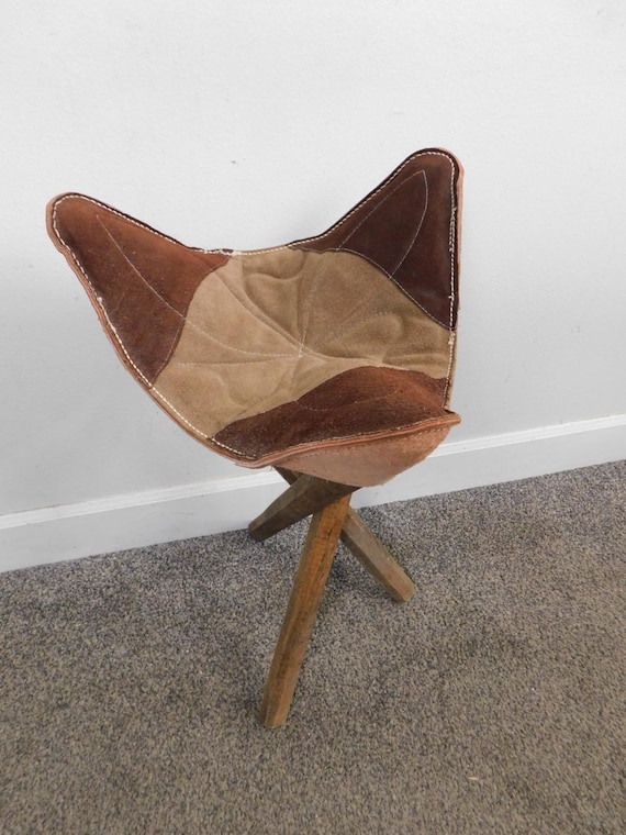 VTG MCM Danish Modern Retro Folding Tri Leg Folding Stool W Stitch