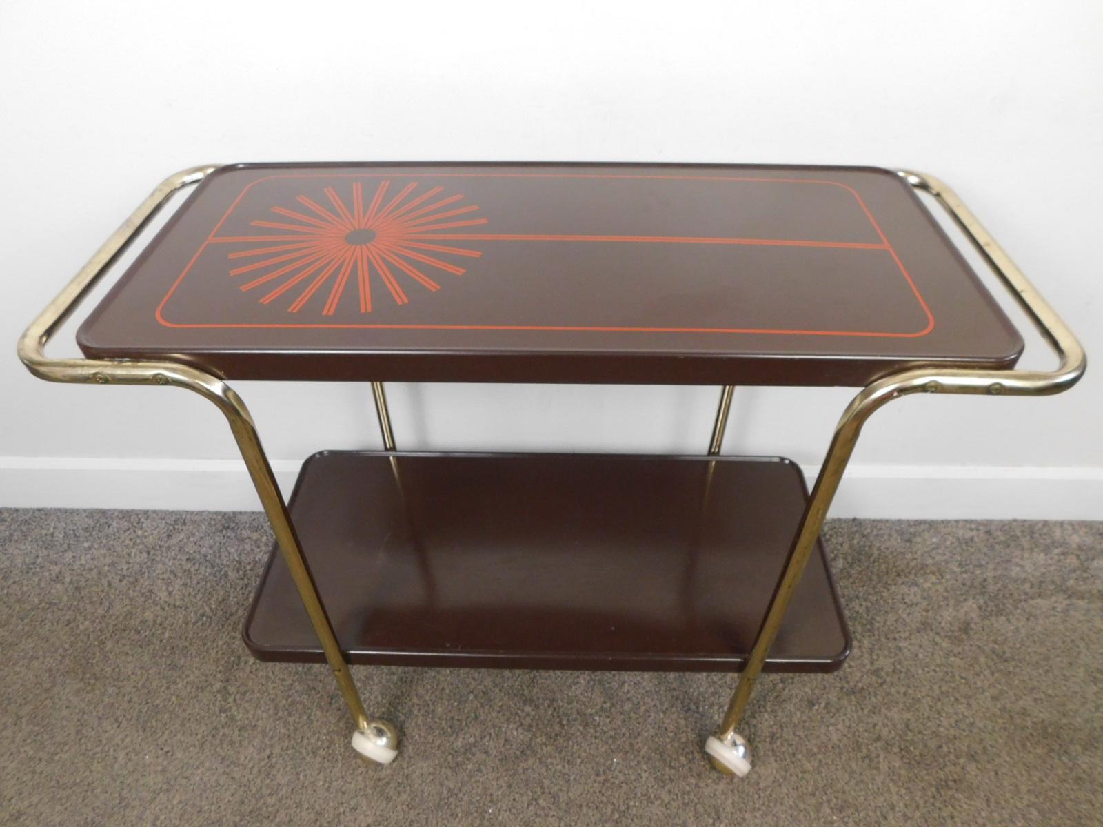 MCM Cosco Hot-Top WARMER Bar Rolling Cart Sleek Mid Century Modern Vintage c1970s Rare Orange Brown Starburst 2 Tier Metal Tray