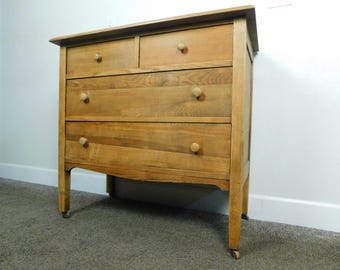 c1915 Antique Solid Oak Victorian 2 over 2 Drawer 34"T Paneled Dresser Chest VGC
