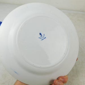 K&ouml;nnte beinhalten: Ein wei&szlig;er Keramikteller mit blauem Emblem und Text, gehalten von einer Hand. Der Teller hat eine glatte Oberfl&auml;che und einen leicht gebogenen Rand. Ein weiterer blau-wei&szlig;er Teller ist im Hintergrund teilweise sichtbar.