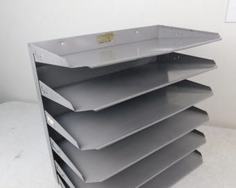 Vtg MCM 1960s 6 Tray Slots Hanging Desktop File Cabinet Gray Metal 6 Tier Folder