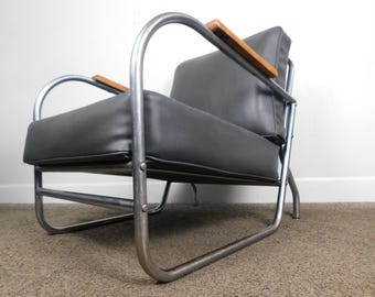 MCM 50s Streamline Art Deco Lounge Chair Tubular Chrome Frame Wood Arms Patio