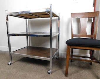 Bar Cart 3 Tier HOT! Retro Vintage 30x20 Large MCM Burl Walnut Chrome Heavy Duty Rolling Serving