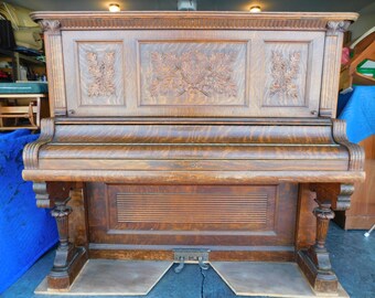 Antique 1902 Victorian Carved Piano Kimball Quartersawn Solid Oak Upright SHIPS!