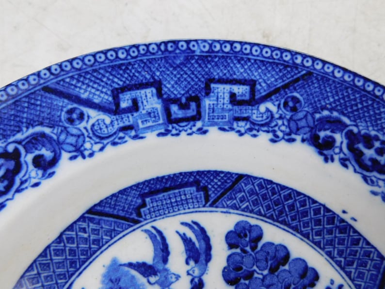 K&ouml;nnte beinhalten: Nahaufnahme eines blau-wei&szlig;en Keramiktellers mit detailliertem Muster. Der Teller hat ein klassisches Design mit floralen und geometrischen Elementen. Der Rand hat ein sich wiederholendes Muster aus kleinen Kreisen.