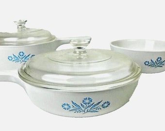 Vintage 3 Corning Ware Handled Sauce Menuette Pots Wheat Cornflower Blue - 2 Lids
