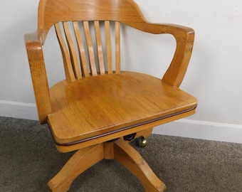 Vtg MCM Banker Arm Chair Rolling Tilts Solid Oak 1960s Desk Office Lawyer Juror