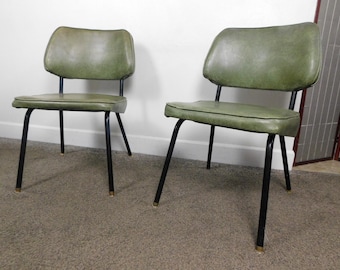 VG Pair 1960s Mid Century Olive Green Vinyl Kitchen Chairs Butterfly Backs Eames