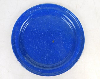 Vintage Blue Speckled Enamelware 10" Camping Plate