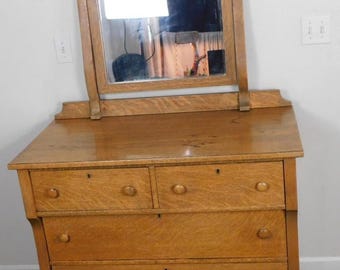 Tiger Oak Dresser w Mirror VG 1915 American Empire Antique