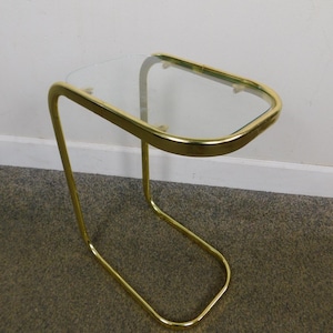 Vintage Brass C-Shape Under Chair Table with Glass Top TV Snack