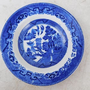 K&ouml;nnte beinhalten: Ein runder, wei&szlig;-blauer Keramikteller mit Willow-Muster. Der Teller zeigt eine detaillierte Landschaftsszene in der Mitte, umgeben von einem blauen Rand mit geometrischen und floralen Motiven. Ein klassisches St&uuml;ck Geschirr.
