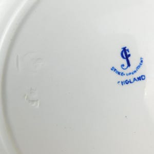 K&ouml;nnte beinhalten: Wei&szlig;er Keramikteller mit gew&ouml;lbtem Rand. Der Teller hat blauen Text mit der Aufschrift "Stoke-upon-Trent" und "England". Es gibt auch ein blaues Logo und andere Markierungen.