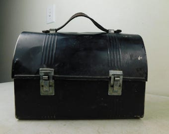 Antique 40s Miners Metal Lunchbox Portable Leather Handle Thermos Holder Black