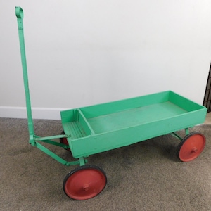 Old Wagon Cart Painted Green Yard Art Red Wheels Original Antique VTG Wooden Children's Toy Painted Coaster