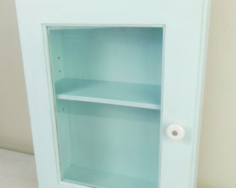 Very Nice Painted Light Blue Wall Medicine Cabinet Cupboard White Porcelain Knob