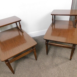 Pair 2 Tier Step Back Side End Tables Walnut Laminate MCM VGC
