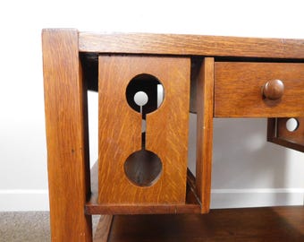 RE: NM Arts Crafts Mission Desk w Side Shelves Bookcase Antique Oak Kneehole 1920s