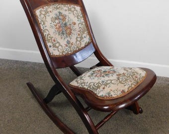 Victorian Rose Carved Mahogany Style Folding Parlor Fireplace Rocking Chair