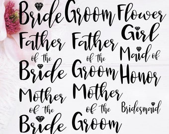 May include: Black and white text on a white background. The text reads: "Bride Groom Flower Girl, Father of the Bride, Mother of the Bride, Father of the Groom, Mother of the Groom, Maid of Honor, Bridesmaid".