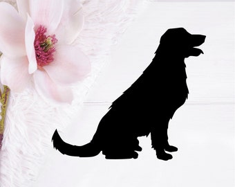 May include: Black silhouette of a dog sitting with its head turned to the right. The dog is facing the right side of the image.