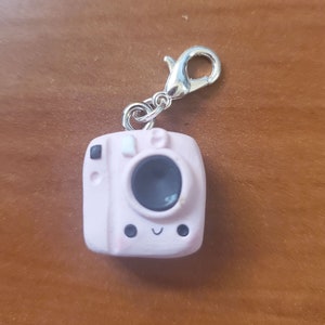 May include: A pink camera charm with a smiling face and a black lens. The charm is attached to a silver metal clasp.