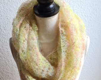 Feather-light loop scarf green-yellow-pink made of mohair and silk