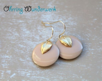 Enamel rosé with golden leaf earrings 16 mm