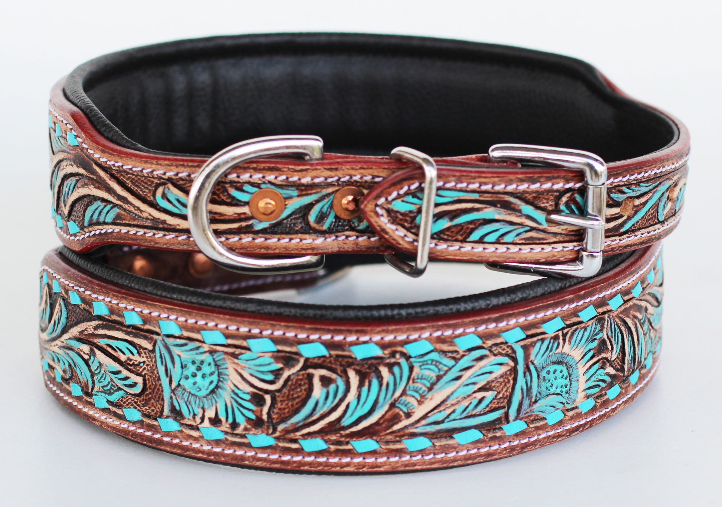 Leather Dog Collar Hand Tooled Carved Beaded Navajo Western Etsy