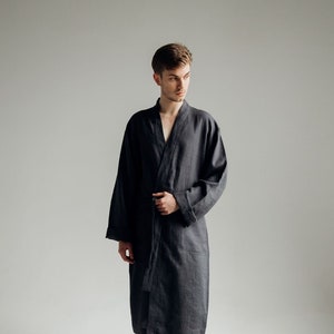 Men's linen robe Natural lounge home wear flax bathrobe comfy nightwear flax clothes grey graphite robe Spa bathrobe Linen dressing gown image 1
