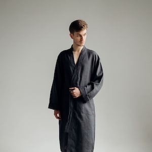 Men&#39;s linen robe Natural lounge home wear flax bathrobe comfy nightwear flax clothes grey graphite robe Spa bathrobe Linen dressing gown