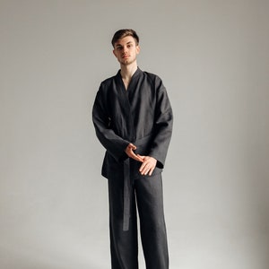 Men linen pajama Kimono Japanese style Long sleeve linen shirt Lounge pants Organic sleepwear Natural fabric home wear Grey men kimono set image 1