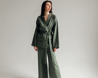 Linen costume women Loose fit flax kimono and pants Personalized embroidery gift fern linen set Flax elegant set Eco clothes Wide Leg pants